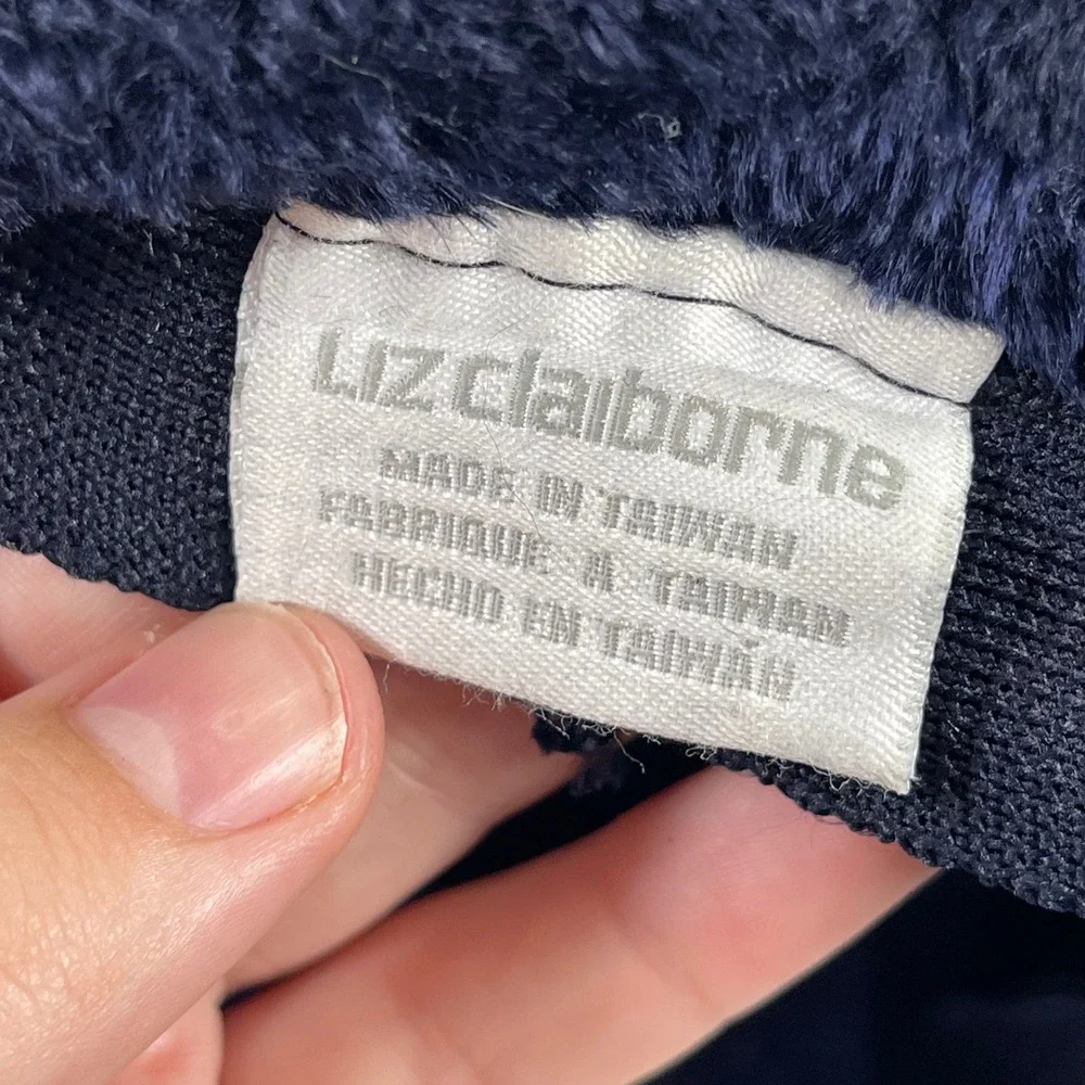 Vintage Liz Claiborne Faux Fur Chenille Bucket Hat Navy Blue Plush Fuzzy Retro